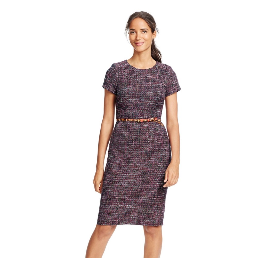 Women’s Short-Sleeve Tweed Sheath Dress in Purple